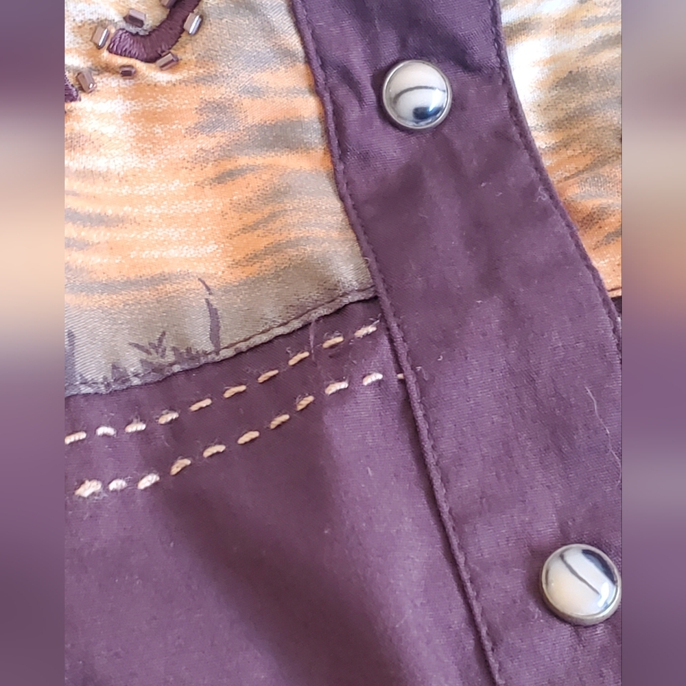 Vintage Brown Reba Beaded Western Rodeo Horses Button Down Long Sleeve Shirt Med - Picture 6 of 12